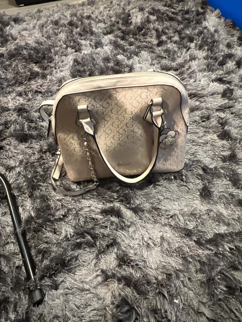 Guess Ivory Off-White Monogram Logo Dome Satchel Handbag Purse with Flower Charm